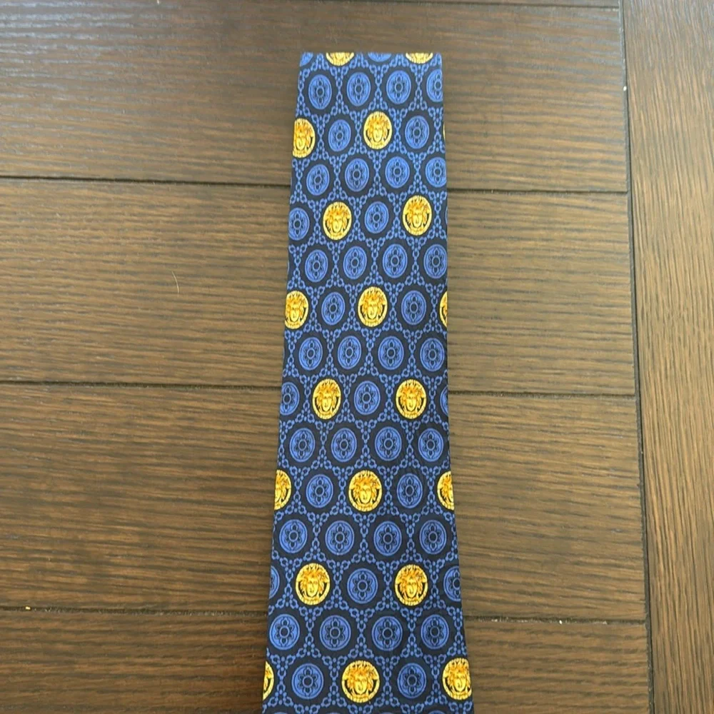 Gianni Versace Vintage Blue with Gold Medusa Print Silk Tie